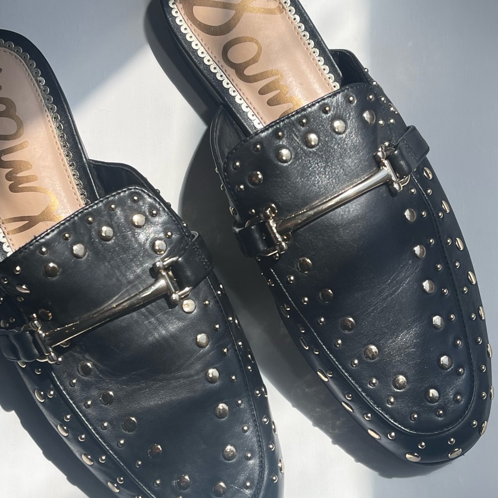 Sam Edelman Marilyn Studded Slip On Mule Flats 8.5 Black and Gold Slippers